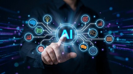 a person interacts with a glowing digital interface displaying artificial intelligence concepts like machine learning data analysis and neural networks illuminated by futuristic