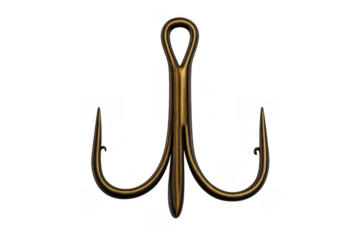 Treble fishing hook in bronze metal, fishing tackle for angling, barbed sharp triple hook design on transparent background