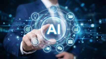 a businessman interacting with a glowing holographic display representing artificial intelligence focusing on data analysis and the future of technology integration high quality