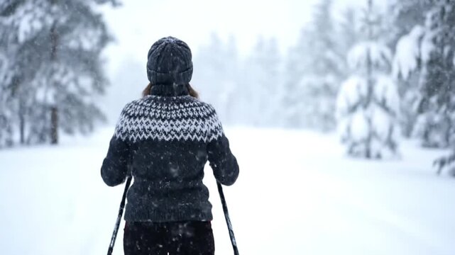 Woman cross country skiing through a heavily snow-covered winter forest path holding poles while wearing warm patterned knit clothing for outdoor recreation.