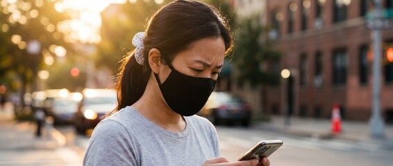 Woman Wearing Face Mask Using Smartphone on Street