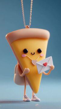 Cute pizza slice character necklace love letter kawaii charm joyful cartoon pendant 3D illustration