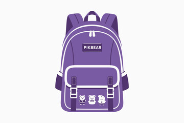 Purple Pikbear backpack with white accents and cute bear designs on front pocket