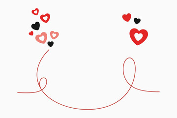 red and pink hearts floating on red swirly line on white background