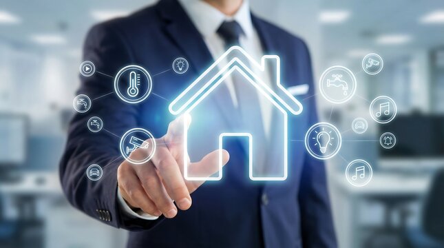 a businessman in a suit interacts with a glowing digital home interface visualizing smart home technology and future real estate innovations high quality - Powered by Adobe
