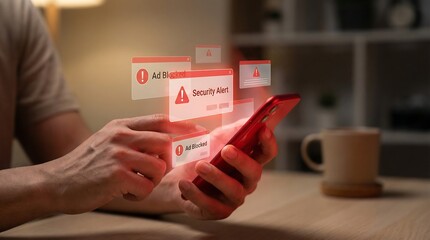 a person is viewing security alerts and notifications on a red smartphone with a coffee mug in the background indicating online threats