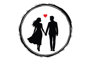 silhouette of a couple holding hands in a circle with a red heart above them