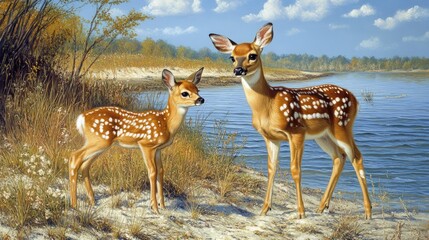 Two deer by a lake in autumn.  Possible use nature, wildlife, family