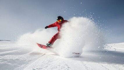 Snowboarder carving through powder, creating a cloud of snow on mountain slopes during winter