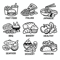 Icon Set Featuring Various Cuisine Illustrations for Fast Food, Italian, and Other Cuisines