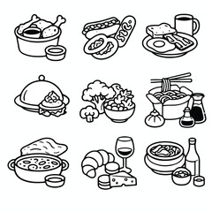 A set of food icons showcasing various culinary delights and beverages in a simple line art style