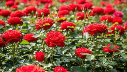 Vibrant symphony of crimson roses in full bloom, a lush spectacle of floral intensity