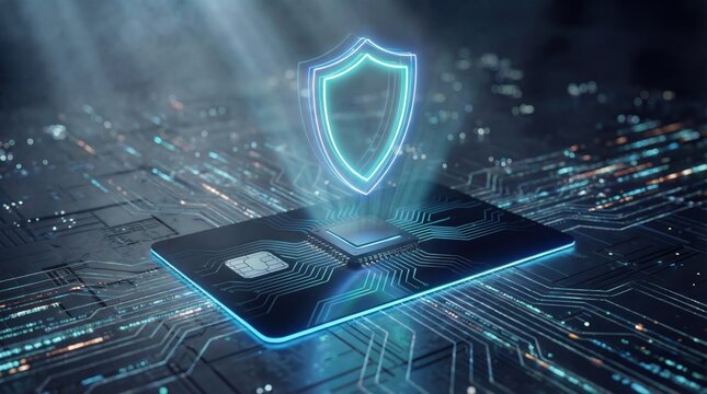 Cyber security hardware technology, encrypted smart card with CPU processor and glowing digital shield, Digital data protection concept, Futuristic financial payment security - Powered by Adobe