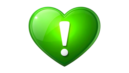 A vibrant, glossy green heart shape, featuring a prominent white exclamation mark. The heart appears 3D. Background is pure black
