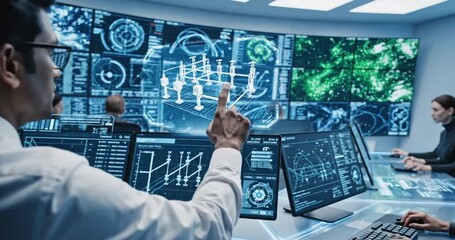 A team of analysts collaborates in a high-tech control room, monitoring data on multiple screens - Powered by Adobe