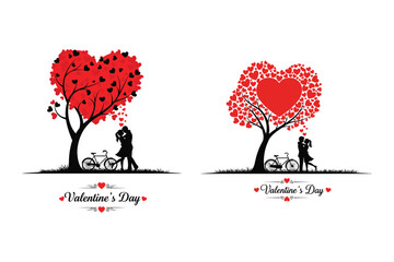 Valentines Day heart trees with couples kissing and bicycles on grass