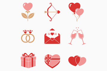 Valentines Day icons with hearts gifts and romantic symbols