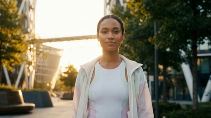 Urban Fitness & Serenity: A poised young woman in athletic attire, radiating an aura of wellness and strength, stands against the backdrop of an urban landscape.