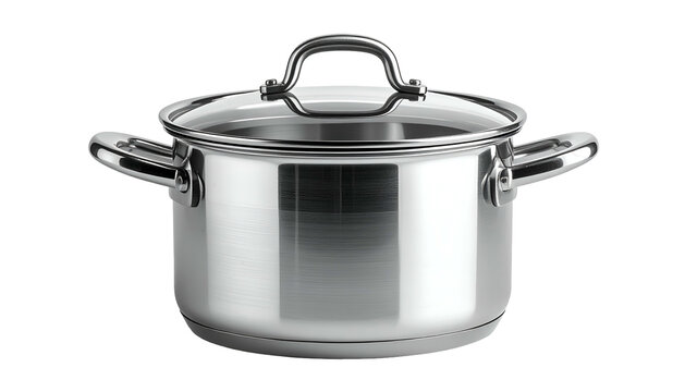 A shiny, stainless steel cooking pot, with a clear glass lid and two side handles, isolated on a black background