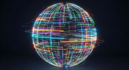 Abstract Global Network Sphere with Colorful Neon Light Trails