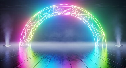 Futuristic Neon Wireframe Arch with Reflective Floor and Smoke