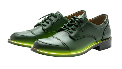 A pair of dark green leather dress shoes, laces tied, illuminated with a neon green glow beneath the soles, set against a transparent background