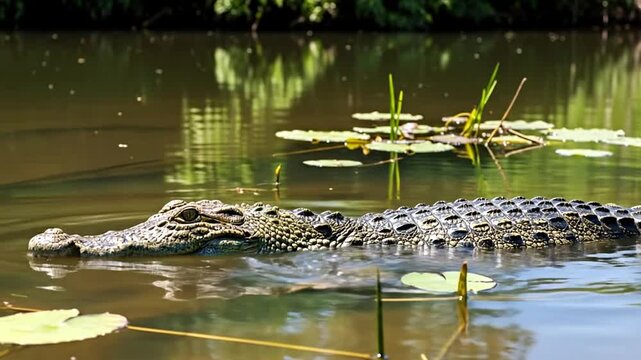 Freshwater crocodile swimming in tropical river water habitat