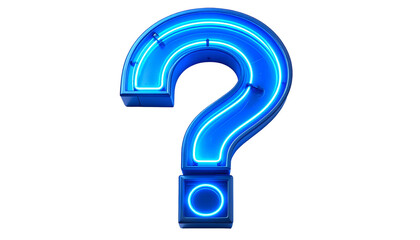 A luminous, three-dimensional question mark glows with electric blue light against a stark black background, emphasizing intrigue