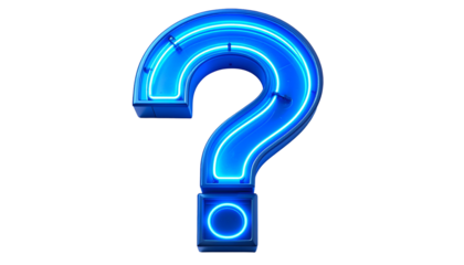A luminous, three-dimensional question mark glows with electric blue light against a stark black background, emphasizing intrigue