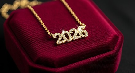 Golden 2026 Diamond Necklace on Red Velvet Jewelry Box - Close-up