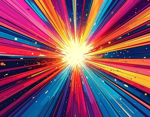 Graphic abstract burst of vibrant, multicolored beams emanating from center