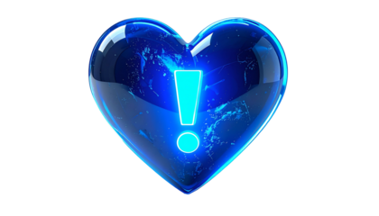 A luminous, transparent blue heart shape with an exclamation point inside, set against a stark black background. It appears to glow