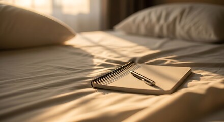 Morning Sunlight on Notebook and Pen on Bed
