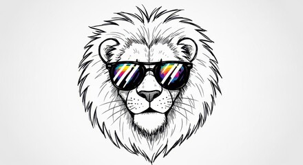 Obraz premium Cool Lion Head Drawing with Sunglasses, Artistic Sketch, Rainbow Reflection