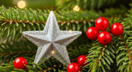 Sparkling Silver Star on Pine Branch with Red Berries, Christmas Decor