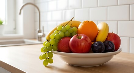Fresh Fruit Bowl on Kitchen Counter with Modern Faucet and Tiled Wall