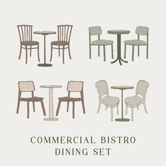 isolated commercial bistro dining set furniture set in minimal flat line art style element collection. Classic cafe and restaurant chairs and round table illustration with clean hand-drawn outlines
