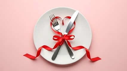 Romantic dinner setup with red ribbon on pink background