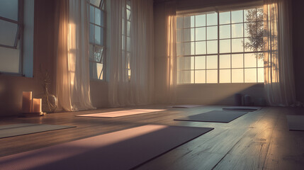Serene Morning Yoga Scene In A Sunlit Studio With Soft Curtains And Mats