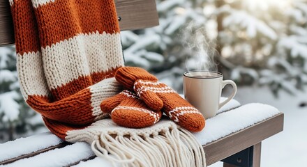 Cozy Winter Still Life: Steaming Coffee, Scarf, and Mittens on Snowy B