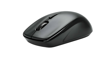 A close-up studio shot presents a sleek, wireless pointing device. Its smooth, black surface reflects the light. The object has two buttons