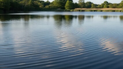 Peaceful lake scene with subtle ripples reflecting sky and trees in a tranquil landscape