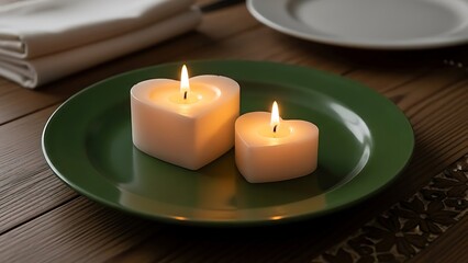 Peaceful table setting with lit candles on green plate