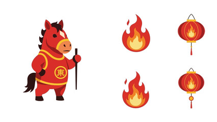 A Fire Horse mascot standing next to red lanterns and flames on a white background, with a Greating Card icon set and Angpao elements.