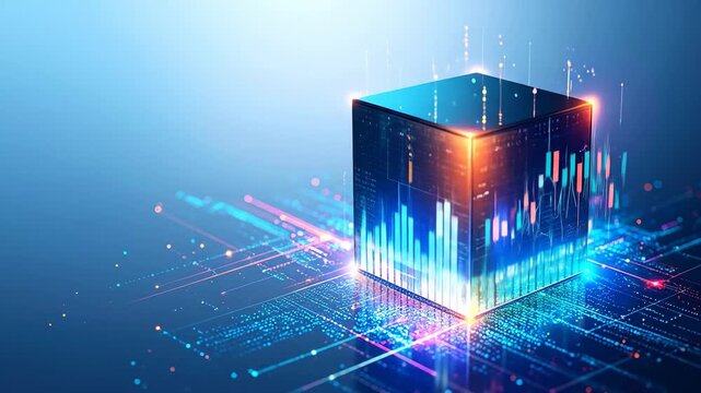 Glowing cube showing stock market data with light streaks and electronic circuitry.