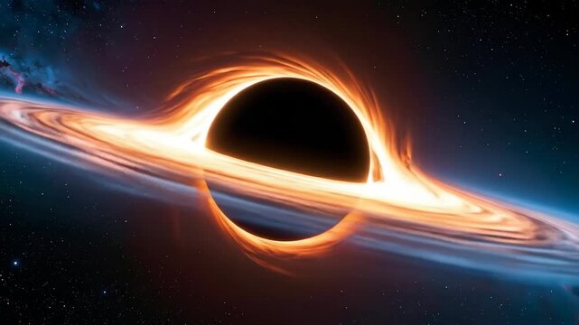 A cosmic vortex of energy and matter swirls around a black hole in deep space.