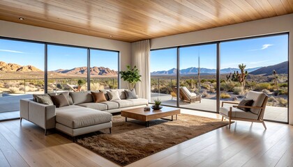 Modern living room with expansive windows showcasing a desert landscape view