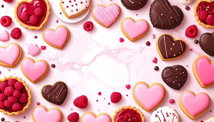 Valentine's Day treats with heart-shaped cookies and tarts on pink marble