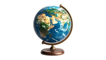 A 3D rendered globe, meticulously detailed, showcasing continents, oceans, and landmasses, set against a stark black backdrop