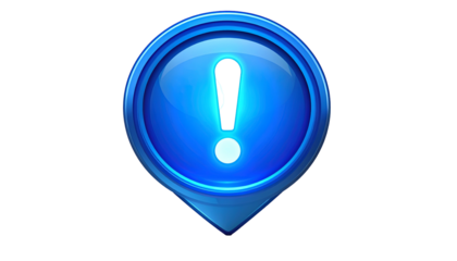 A 3D rendered, glossy blue pin icon with a luminous exclamation point inside. The design has a shadow and a dark background